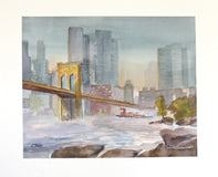Original art for sale at UGallery.com | Brooklyn Bridge at Dusk by Joanie Ford | $250 | watercolor painting | 11.75' h x 14.5' w | thumbnail 3