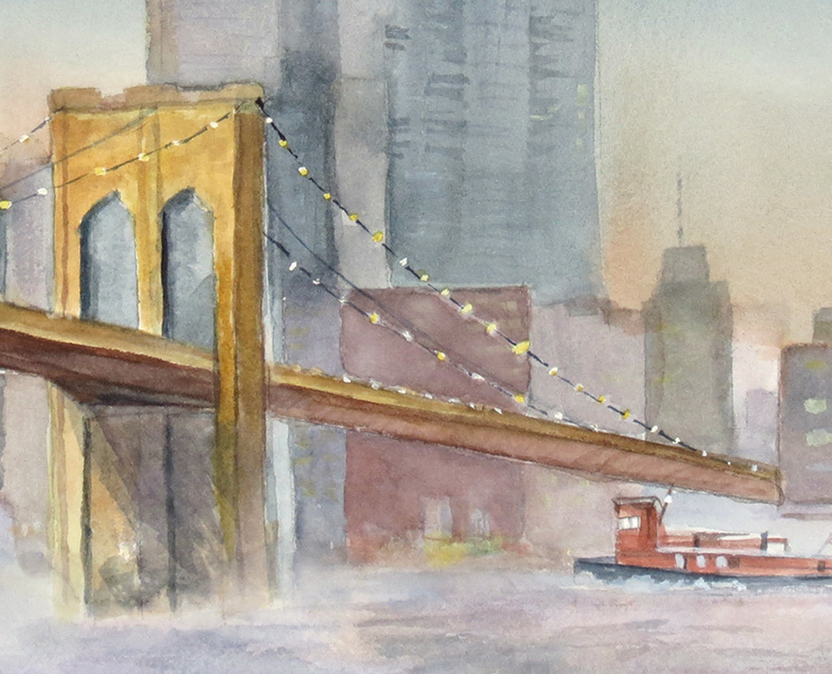 Brooklyn Bridge at Dusk by Joanie Ford |  Closeup View of Artwork 