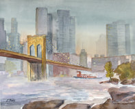 Original art for sale at UGallery.com | Brooklyn Bridge at Dusk by Joanie Ford | $250 | watercolor painting | 11.75' h x 14.5' w | thumbnail 1