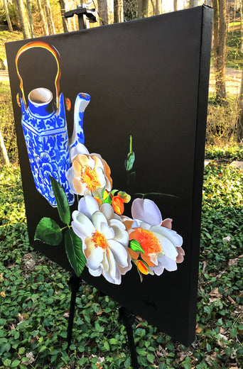 Blue Teapot and Roses by John Jaster |  Side View of Artwork 