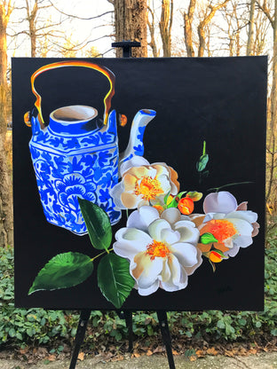 Blue Teapot and Roses by John Jaster |  Context View of Artwork 