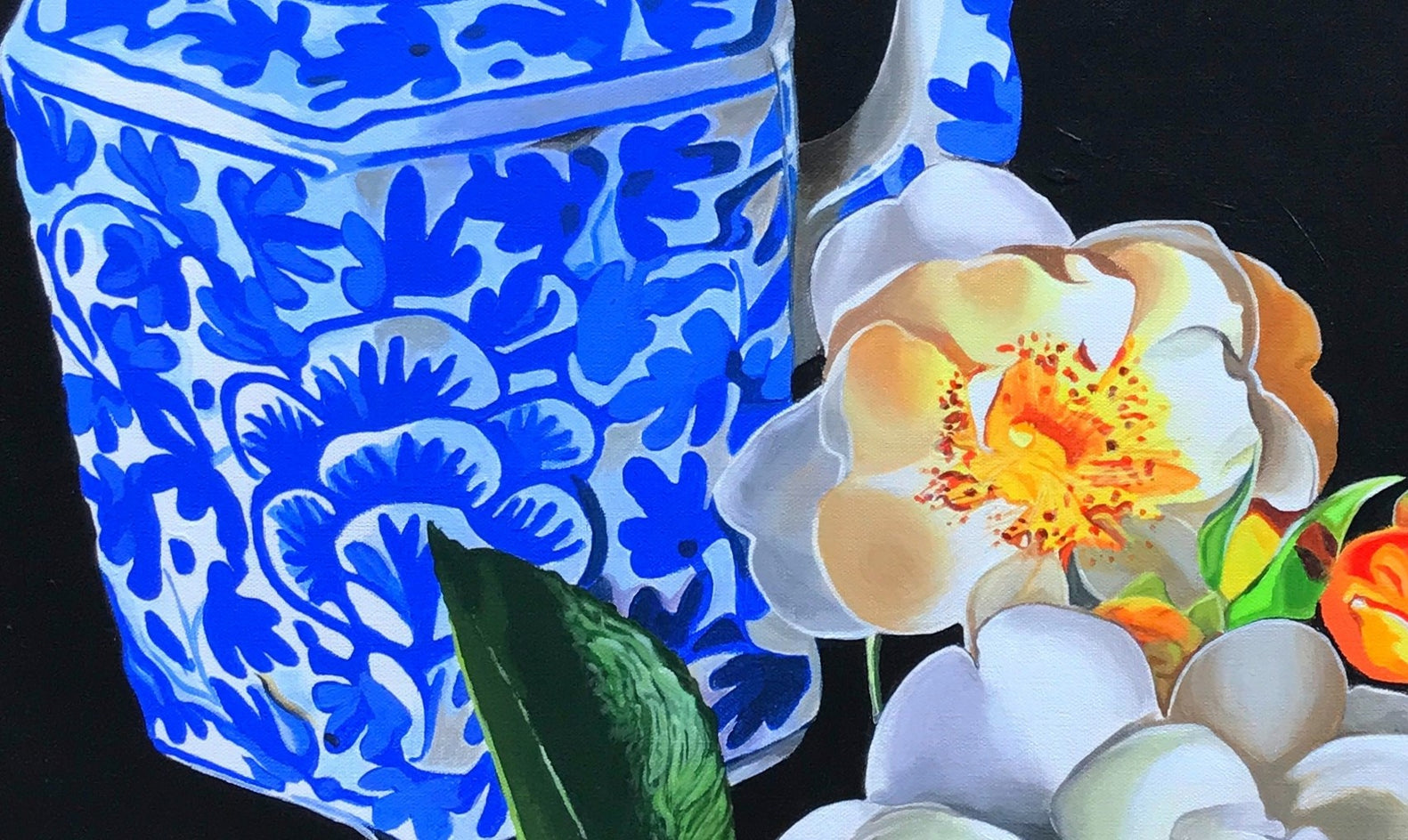 Blue Teapot and Roses by John Jaster |  Closeup View of Artwork 