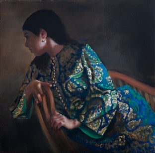 Original art for sale at UGallery.com | Woman in Blue and Green by John Kelly | $2,300 | oil painting | 15.75' h x 15.75' w | photo 1