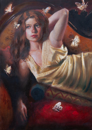 Original art for sale at UGallery.com | Woman with Moths by John Kelly | $2,800 | oil painting | 21.5' h x 15' w | photo 1