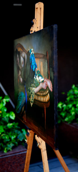 Woman with Peacock by John Kelly |  Side View of Artwork 