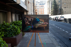 Original art for sale at UGallery.com | Woman with Peacock by John Kelly | $3,500 | oil painting | 23.5' h x 35.25' w | thumbnail 4