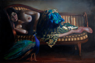 Original art for sale at UGallery.com | Woman with Peacock by John Kelly | $3,500 | oil painting | 23.5' h x 35.25' w | photo 1
