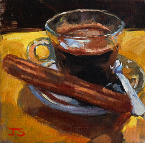 oil painting by Jonelle Summerfield titled Coffee and Churro