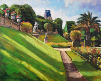 oil painting by Jonelle Summerfield titled Springtime Stroll Through Luxembourg Gardens