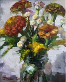 oil painting by Jonelle Summerfield titled Summer Flowers in a Mason Jar