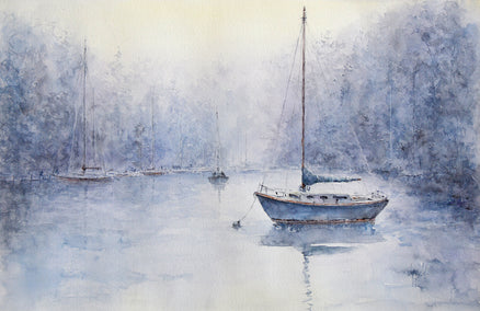 watercolor painting by Judy Mudd titled In the Misty Mooring
