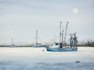 Original art for sale at UGallery.com | Moonglow Shrimp Boat by Judy Mudd | $800 | watercolor painting | 12' h x 16' w | photo 1