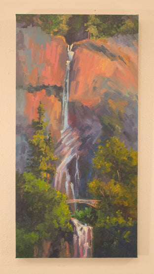 Original art for sale at UGallery.com | Multnomah Falls Bridge by Karen E Lewis | $1,700 | oil painting | 36' h x 18' w | photo 3