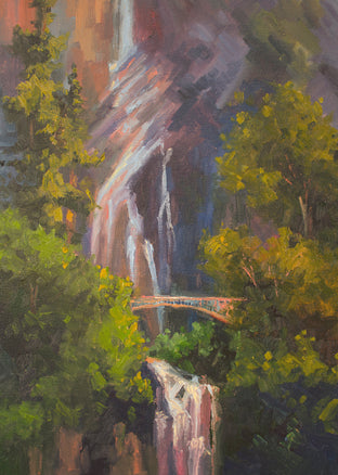Original art for sale at UGallery.com | Multnomah Falls Bridge by Karen E Lewis | $1,700 | oil painting | 36' h x 18' w | photo 4