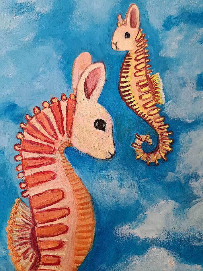 Bunny Seahorse Couple by Kat Silver |  Closeup View of Artwork 