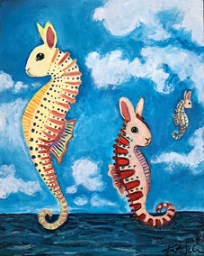 oil painting by Kat Silver titled Sea Horse Bunnies