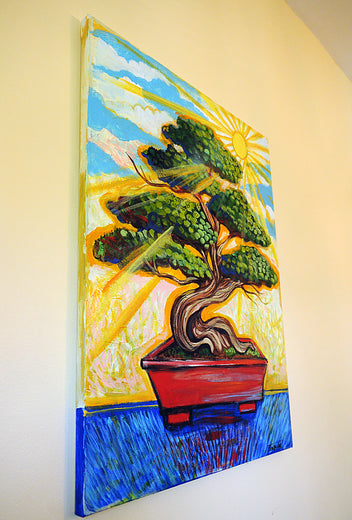 bonsai tree oil painting Morning Sun Bonsai by Kira Yustak - acrylic painting