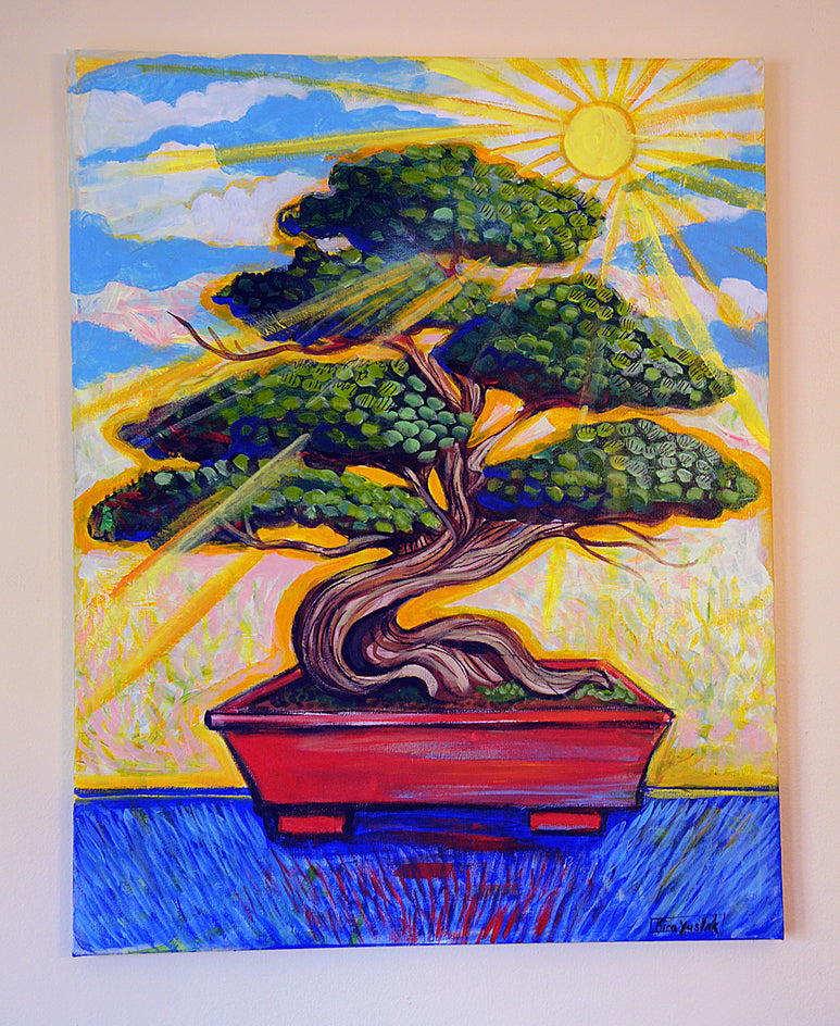 solar bonsai tree Morning Sun Bonsai by Kira Yustak - acrylic painting