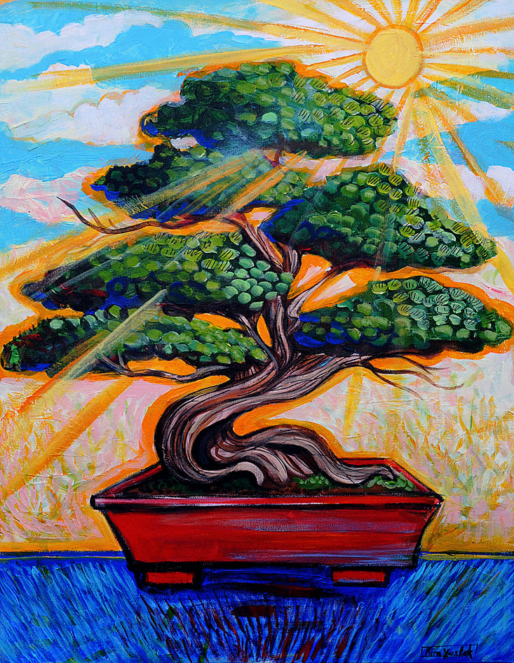 bonsai tree canvas art Morning Sun Bonsai by Kira Yustak - acrylic painting