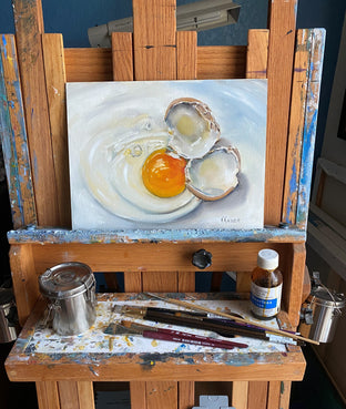 Original art for sale at UGallery.com | Cracked Brown Egg by Kristine Kainer | $675 | oil painting | 9' h x 12' w | photo 3