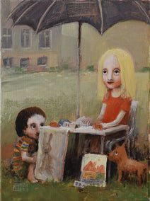 acrylic painting by Krzysztof Iwin titled Girl Selling Paintings