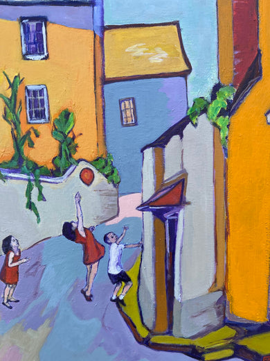 Kids Playing with Balloon by Laura (Yi Zhen) Chen |   Closeup View of Artwork 