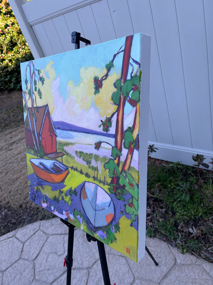 Lake House with Two Boats by Laura (Yi Zhen) Chen |  Side View of Artwork 