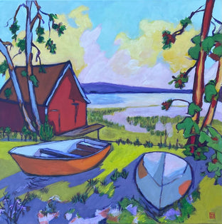 Original art for sale at UGallery.com | Lake House with Two Boats by Laura (Yi Zhen) Chen | $1,000 | acrylic painting | 20' h x 20' w | photo 1