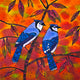 Original art for sale at UGallery.com | Blue Jays through the Prism of Autumn by Yelena Sidorova | $800 | mixed media artwork | 20' h x 20' w | thumbnail 1