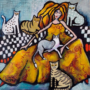 Original art for sale at UGallery.com | Cat Lady by Lee Smith | $500 | mixed media artwork | 16' h x 16' w | photo 1