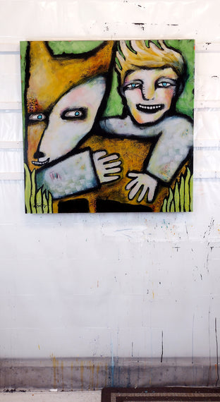 Original art for sale at UGallery.com | Dog With Boy by Lee Smith | $2,100 | mixed media artwork | 36' h x 36' w | photo 3