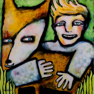 Original art for sale at UGallery.com | Dog With Boy by Lee Smith | $2,100 | mixed media artwork | 36' h x 36' w | photo 1