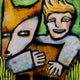 Original art for sale at UGallery.com | Dog With Boy by Lee Smith | $2,100 | mixed media artwork | 36' h x 36' w | thumbnail 1