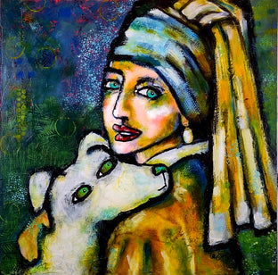 Original art for sale at UGallery.com | Girl With Pearl Earring and Her Dog by Lee Smith | $950 | mixed media artwork | 24' h x 24' w | photo 1