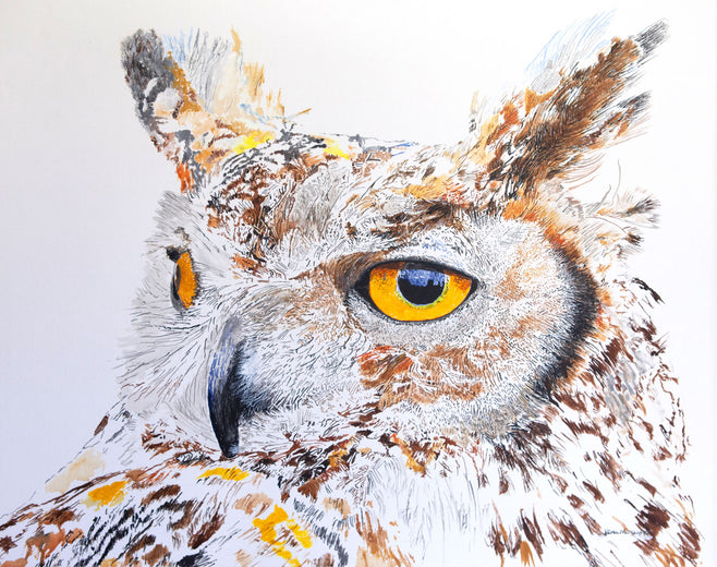Max the Great Horned Owl Hearing Hooting by Emil Morhardt |  Artwork Main Image 