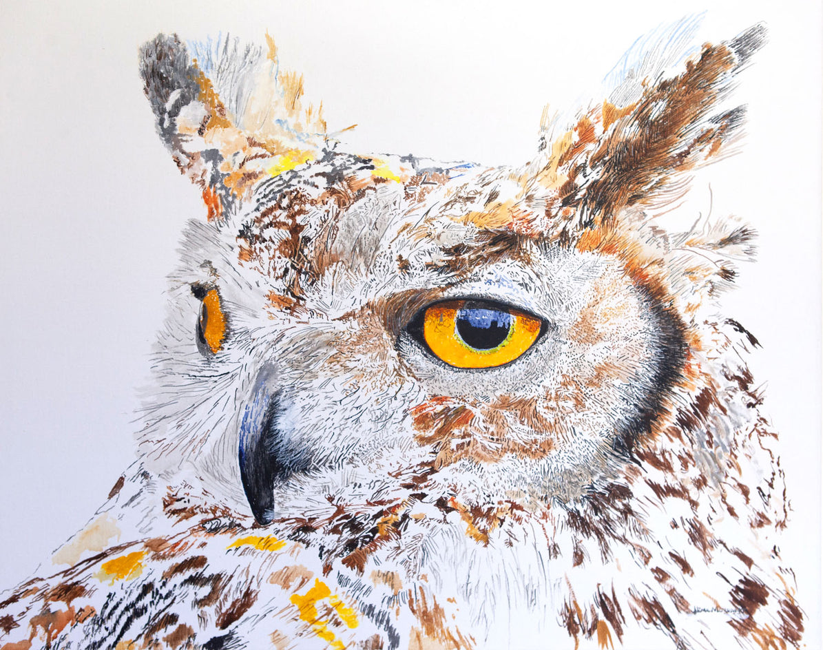 Max the Great Horned Owl Hearing Hooting by Emil Morhardt |  Artwork Main Image 