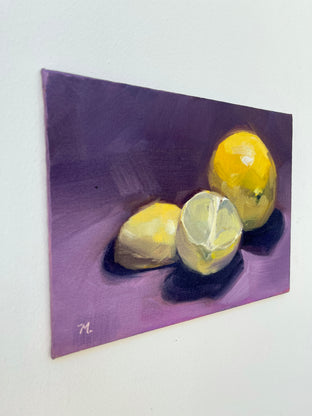 Original art for sale at UGallery.com | Fresh Citrus Resting on a Purple Cloth by Malia Pettit | $225 | oil painting | 6' h x 8' w | photo 2