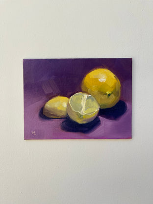 Original art for sale at UGallery.com | Fresh Citrus Resting on a Purple Cloth by Malia Pettit | $225 | oil painting | 6' h x 8' w | photo 3