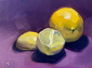 Original art for sale at UGallery.com | Fresh Citrus Resting on a Purple Cloth by Malia Pettit | $225 | oil painting | 6' h x 8' w | photo 1