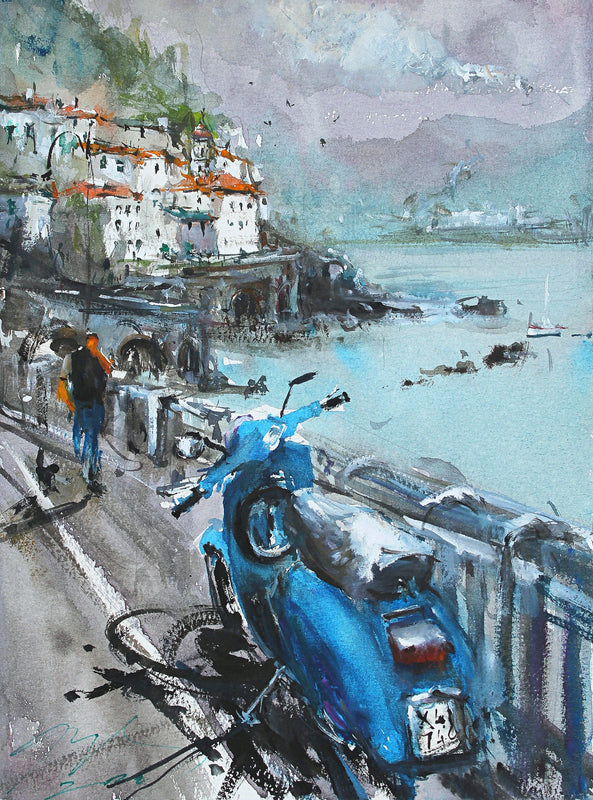 Blu Vespa on Amalfi Coast by Maximilian Damico - watercolor