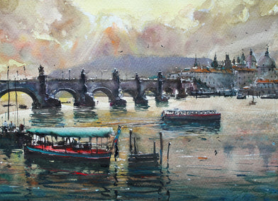 watercolor painting by Maximilian Damico titled Bridge, Boats and Castle