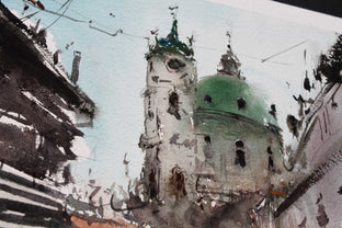 Original art for sale at UGallery.com | Prague Green Dome by Maximilian Damico | $600 | watercolor painting | 11' h x 8.2' w | photo 4