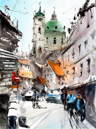 Original art for sale at UGallery.com | Prague Green Dome by Maximilian Damico | $600 | watercolor painting | 11' h x 8.2' w | photo 1