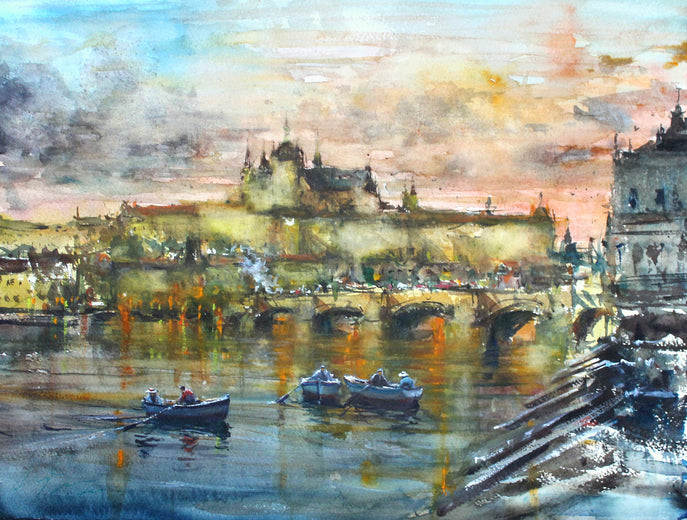 Prague River and Castle at Dusk by Maximilian Damico |  Artwork Main Image 