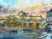 Original art for sale at UGallery.com | Prague River and Castle at Dusk by Maximilian Damico | $550 | watercolor painting | 11' h x 16' w | thumbnail 1