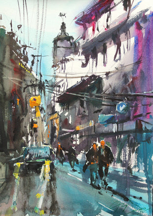 Original art for sale at UGallery.com | Walking Through Tokyo Streets by Maximilian Damico | $550 | watercolor painting | 11' h x 8.2' w | photo 1