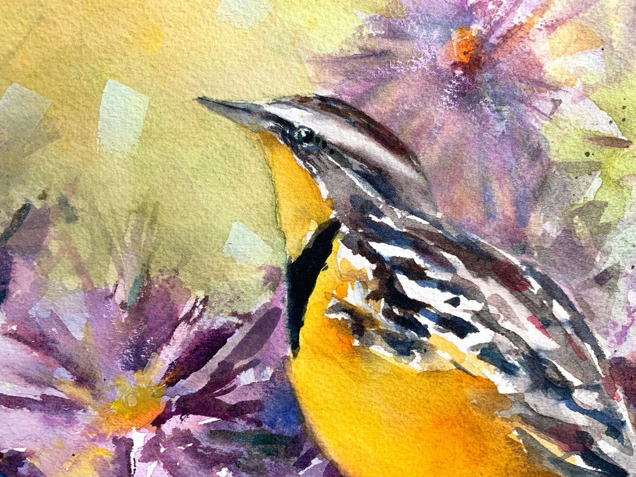 Meadowlark & Purples by Melissa Gannon |  Closeup View of Artwork 