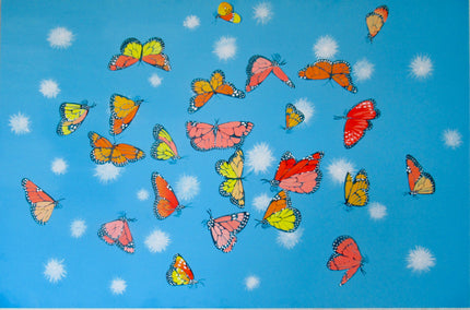 acrylic painting by Natasha Tayles titled Monarch Butterflies and Fluffs