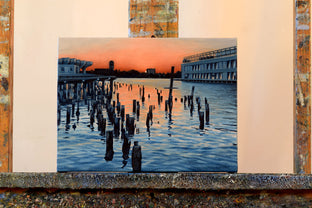 Original art for sale at UGallery.com | Hudson River Sunset and the Ghost of Pier 56 by Nick Savides | $875 | oil painting | 9' h x 12' w | photo 3