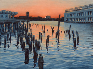 Original art for sale at UGallery.com | Hudson River Sunset and the Ghost of Pier 56 by Nick Savides | $875 | oil painting | 9' h x 12' w | photo 1